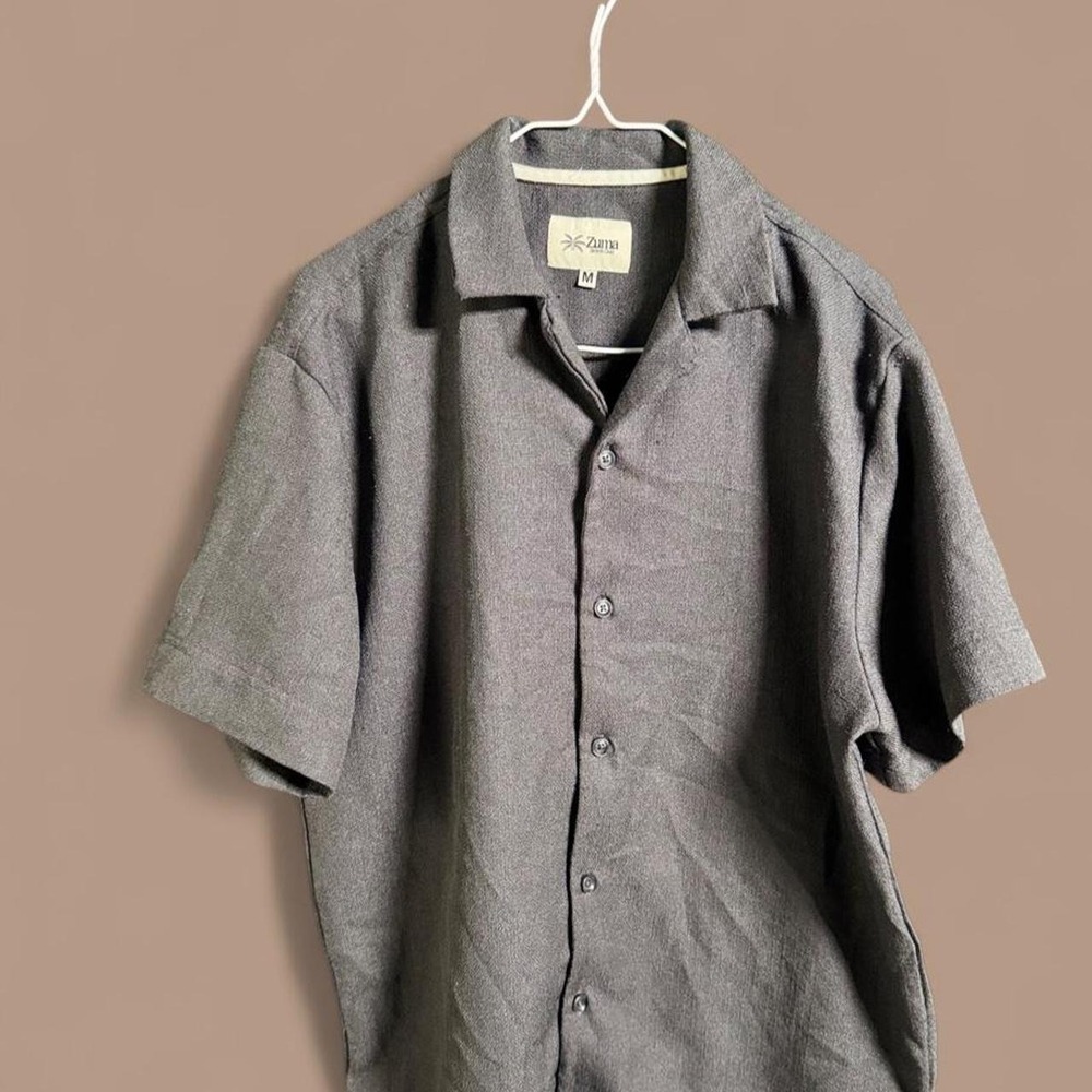 Zuna Beach Club Mens Medium Charcoal Textured Camp Collar Button Up Shirt Grey